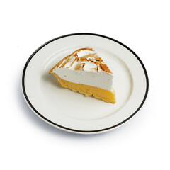 Dessert cake on a color plate. Top view. Copy space. isolated on white