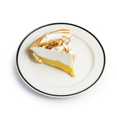 Dessert cake on a color plate. Top view. Copy space. isolated on white