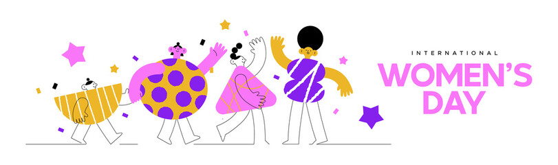 International women's day web banner illustration of colorful geometric shape woman group in fun party parade. Modern march 8 event design for female rights.