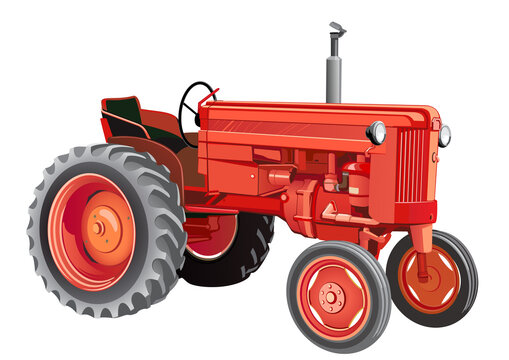 Old fashioned farm tractor. Classic old tractor for farm working. Isolated on white background. Vector illustration.