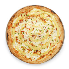 Appetizing pizza on a wooden board isolated on a gray background. Top view.