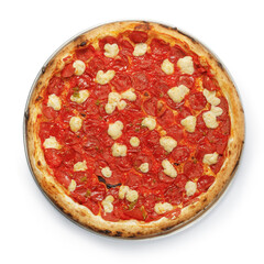 Appetizing pizza on a wooden board isolated on a gray background. Top view.