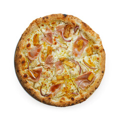 Appetizing pizza on a wooden board isolated on a gray background. Top view.