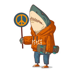 A Shark against War, isolated vector illustration. Anthropomorphic shark, holding a sign with a peace symbol. An animal character with the human body. Antiwar Pacifist demonstration. Peaceful protest.