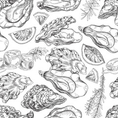 Seafood seamless pattern with oyster, lemon slice, rosemary and ice cubes - sketch vector illustration on white.