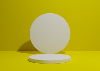 Bright, neon yellow, 3D render of a simple, minimal composition with one cylinder stand or podium for product display or advertising with geometric shapes, empty background with space for text.
