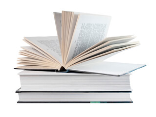 Books stack isolated on white background. Reading and turning pages. Learning new information concept .