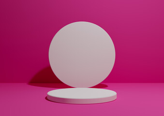 Bright magenta, neon pink, 3D render of a simple, minimal composition with one cylinder stand or podium for product display or advertising with geometric shapes, empty background with space for text.