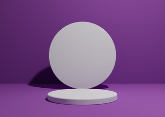 Bright purple, violet, 3D render of a simple, minimal composition with one cylinder stand or podium for product display or advertising with geometric shapes, empty background with space for text.