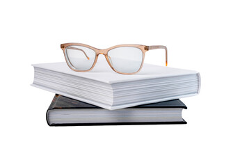 Books stack with eyeglasses isolated on white background. Encyclopedia, code for reading and getting knowledge.