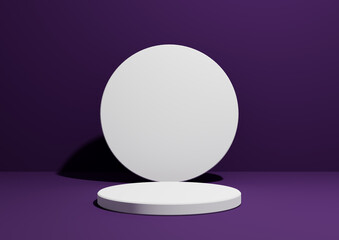 Dark purple, violet, 3D render of a simple, minimal composition with one cylinder stand or podium for product display or advertising with geometric shapes, empty background with space for text.
