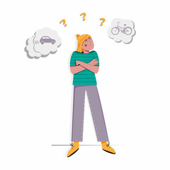 Female character thinking and making a decision with arms folded across chest. Making multiple choices concept. Flat vector illustration