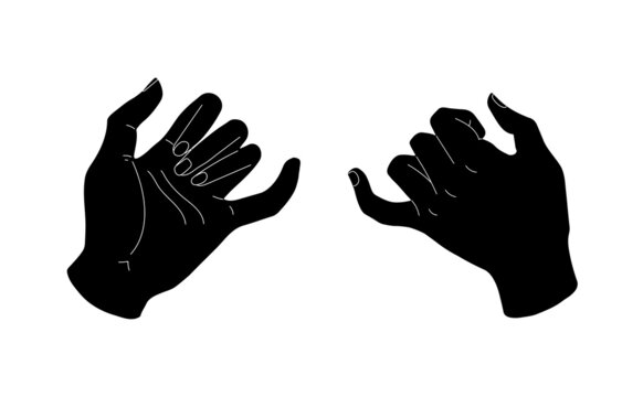 Silhouette of the right and left hands, a promise to be together. White contour of little fingers. Vector illustration of a pair of people's hands swearing on a white background.