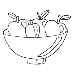 Doodle fruits in the vase. Apples in the bowl background.
