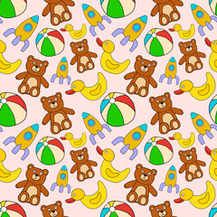 Doodle seamless pattern with different children toys. Teddy Bear, Rubber Duck, Rocket Ship, Beach Ball Background.