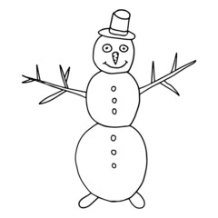 Thin line smiling doodle snowman with hat and carrot isolated on white. Black outline.