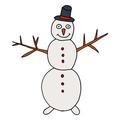 Thin line smiling doodle snowman with hat and carrot isolated on white. Black outline.