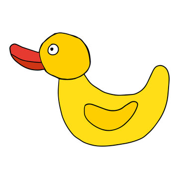 Doodle rubber duck for kids playing in bath isolated ion white background. Cute gift for children.