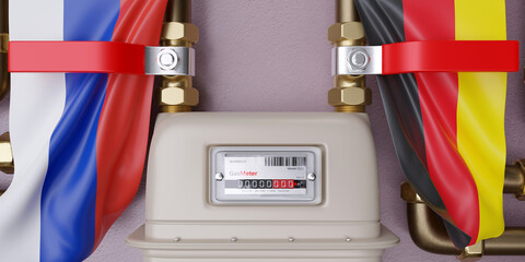 Natural gas supply and transportation, Germany and Russia. Gas meter and switch off. 3d render