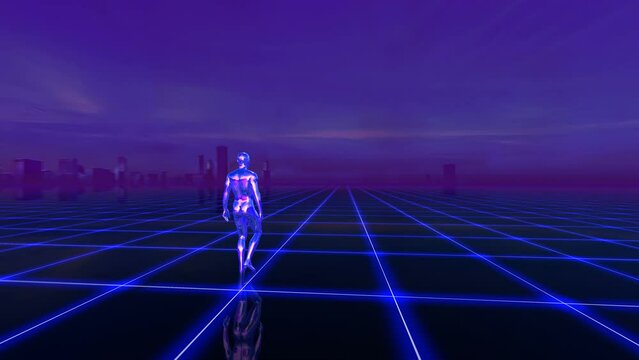 Retro Futuristic seamless background of a metal human figure walking on a grid laser floor.