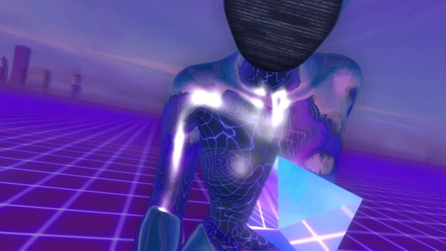 Retro Futuristic seamless background of a metal human figure of a woman on a grid laser floor.