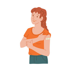 Woman showing her shoulder after vaccine shot, flat vector illustration isolated.
