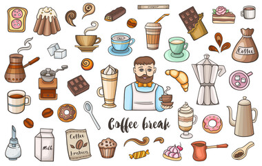 Coffee and sweets vector doodles