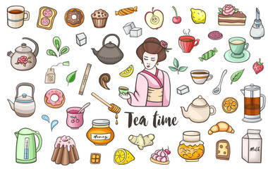 Tea and sweets vector doodles