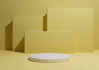 Warm, light, bright, pastel yellow, 3D render of a simple, minimal product display composition backdrop with one podium or stand and geometric square shapes in the background.