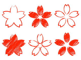 雑塗り筆描き桜のアイコン6セット：赤