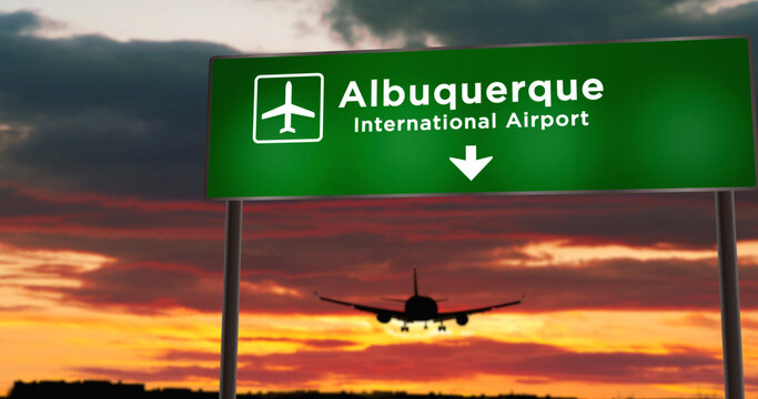 Plane landing in Albuquerque USA, New Mexico airport with signboard