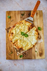 Traditional georgian cuisine of Khachapuri with suluguni cheese, served on the light table with spice and wooden spatula