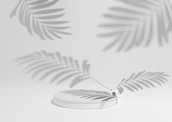White, light gray, black and white, 3D render of a simple, minimal product display composition backdrop with one podium or stand and leaf shadows in the background for nature products.
