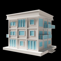 White building or modern style 2-floor house model. Architecture, low poly perspective 3d rendering. Blue window.	