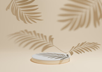 Light beige, pastel orange, 3D render of a simple, minimal product display composition backdrop with one podium or stand and leaf shadows in the background for nature products.