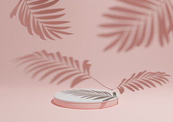 Pastel, light red, salmon pink, 3D render of a simple, minimal product display composition backdrop with one podium or stand and leaf shadows in the background for nature products.