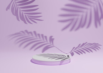 Light, pastel, lavender purple, 3D render of a simple, minimal product display composition backdrop with one podium or stand and leaf shadows in the background for nature products.