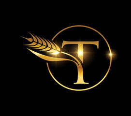 Golden Wheat Grain Monogram Initial Letter T