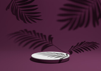 Dark magenta, purple, 3D render of a simple, minimal product display composition backdrop with one podium or stand and leaf shadows in the background for nature products.