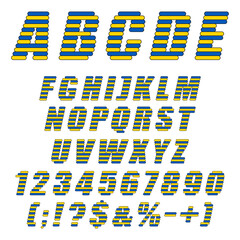 Alphabet, letters, numbers and symbols from yellow and blue stripes, flag of Ukraine. Isolated vector objects on a white background.