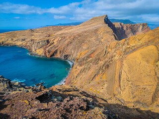 Amazing aerial view of Ponta de Sao Lourenco peninsula in Madeira island. Landscape of an island of volcanic origin located in Atlantic ocean