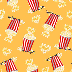Seamless pattern on a yellow background. A red and white bucket of popcorn with a heart.