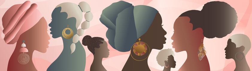 Profile silhouette group of African American or African women and girls. Heads and faces of black women. Female social community. Racial equality. Ally. Empowerment. Self-confidence