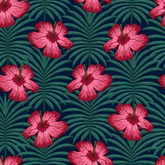 Tropical floral colorful seamless pattern with beautiful flowers green leaves vector