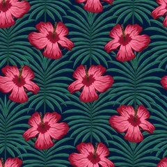 Poster Tropical floral colorful seamless pattern with beautiful flowers green leaves vector © nataliakarebina