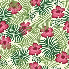 Foto op Aluminium Tropical floral colorful seamless pattern with beautiful flowers green palm leaves vector © nataliakarebina
