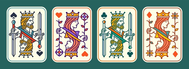 set of King and queen colorful playing card vector illustration set of hearts, Spade, Diamond and Club, Royal cards design collection