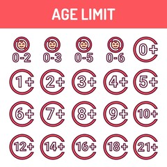 Age limit 0-21 plus line icons set. Isolated vector element.