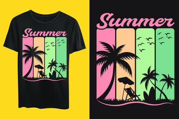 Summer T-shirt Design, Summer vibes poster for t-shirt print. Palm tree and sunset. Tropical life