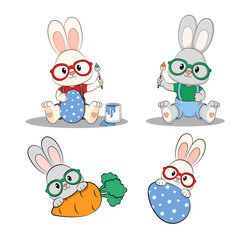 Set of cute bunny wearing glasses. 